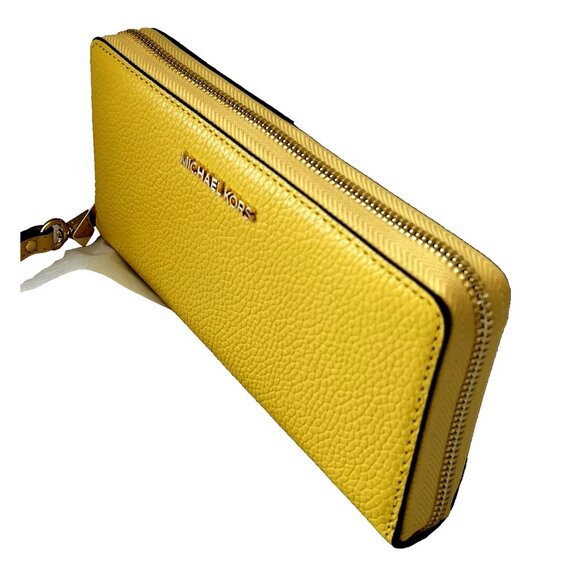 New Michael Kors Jet Set Large Travel Continental Wallet Leather Daisy Yellow - Picture 4 of 5